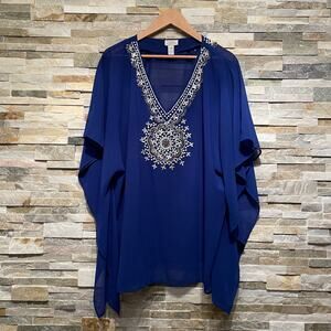 Chico’s Beaded Kaftan Top Coverup S/M | Sheer Blue Resortwear, Embellished Boho
